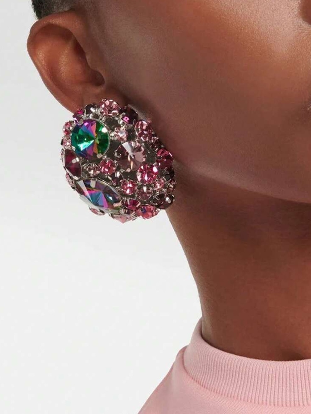 1 Pair Silver Oversized Round Rhinestone Clip-On Earrings, Elegant Sparkly Earri